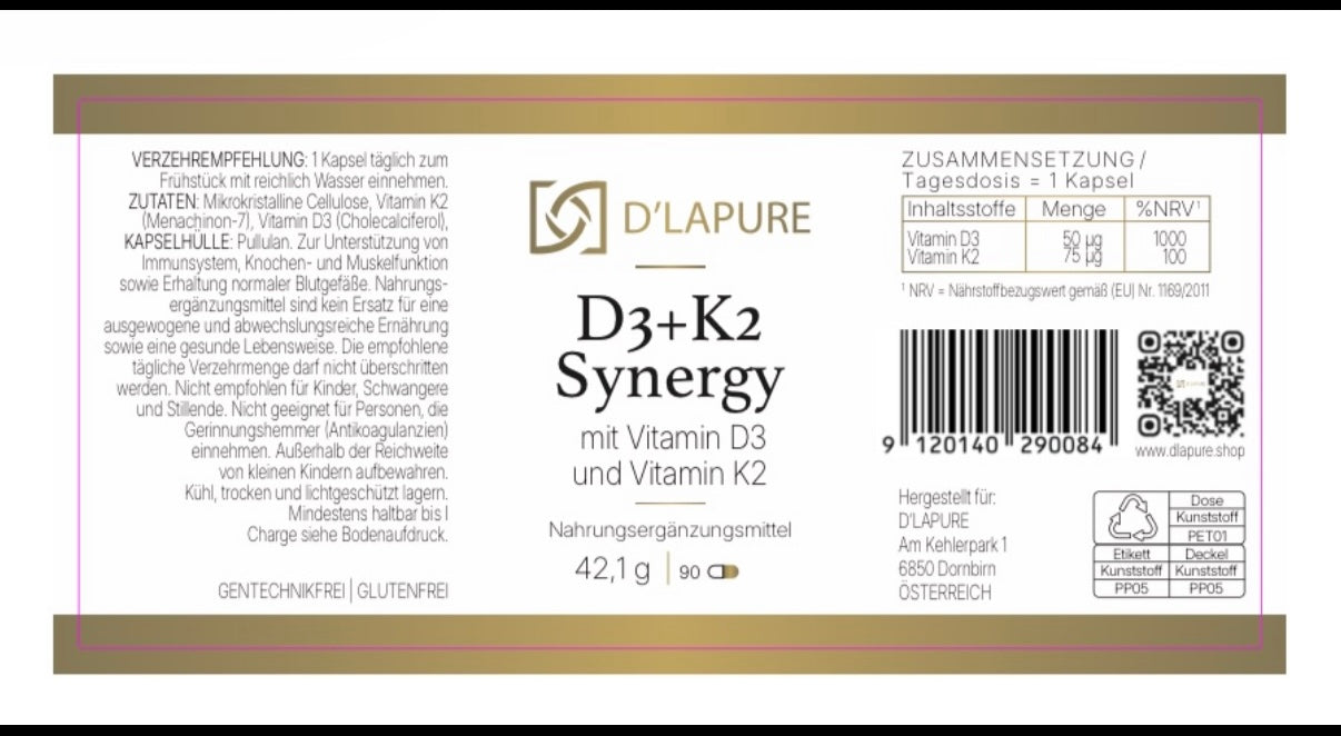 D3 + K2 SYNERGY                            Essenzielle tägliche Basisversorgung